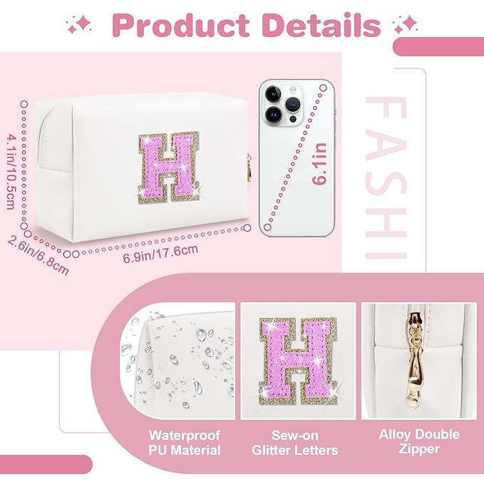 Small Initial Patch Makeup Bag Personalized Gifts Make Up Bag,White Cute PU Leather Glitter Letter Cosmetic Bag with Zipper,Trendy Portable Travel Toiletry Pouch,Preppy Stuff for Teen Girls Women H