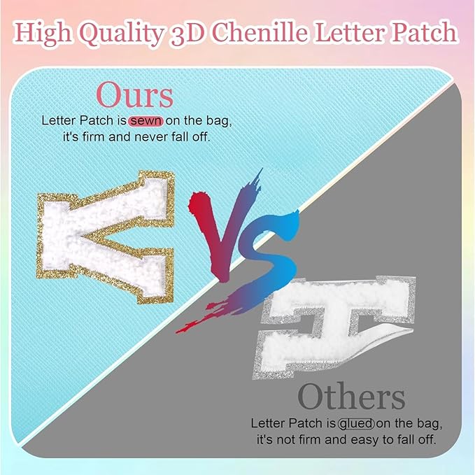 Small Personalized Letter Makeup Bag, Cute PU Leather Chenille Letters Cosmetic Bag Travel Makeup Pouch, Preppy Travel Organizer Zipper Pouch for Women&Girls（Blue-P）