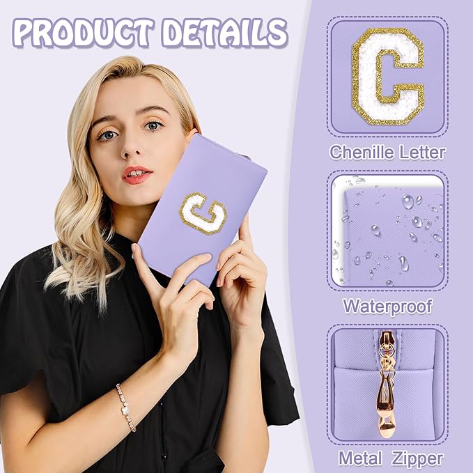 Personalized Initial Preppy Makeup Bag, Small Purple Cute Travel Toiletry Zipper Pouch Monogram Cosmetic Organizer,PU Waterproof Glitter Makeup Storage Case Gifts for Female Coworker Friends(Letter C)