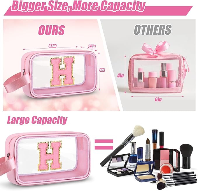 Initial Makeup Bag,Letter H Cute Clear Monogrammed Cosmetic Travel Bag for Womens Girls,Personalized Pink Aesthetic Traveling Make Up Organizer Bag for Beach,Waterproof Toiletry Bag