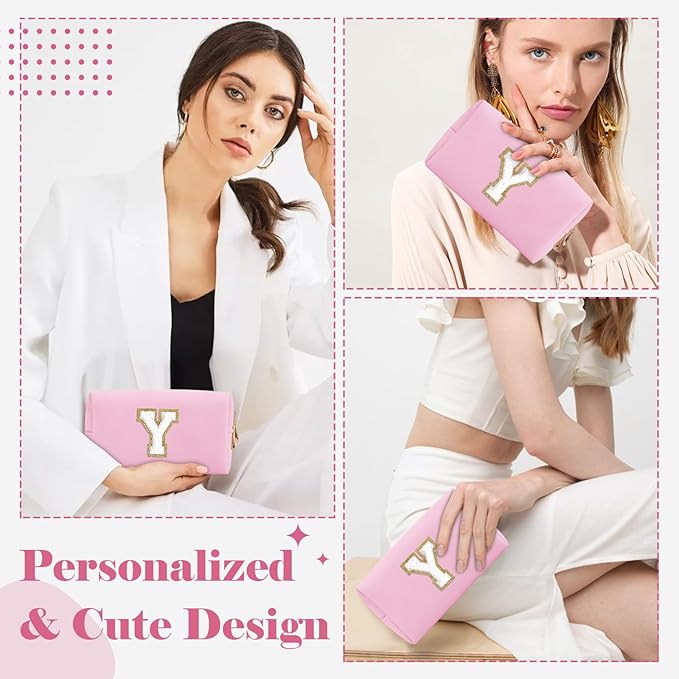 Personalized Initial A-Z Preppy Patch Makeup Bag,Small PU Chenille Letter Cosmetic Bag with Zipper for Teen Girls,Pink Cute Toiletry Organizer Bag,Monogram Makeup Case Gift for Women Girls,Letter Y