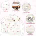 3Pcs Cotton Quilted Makeup Bag for Women Extra Large Coquette Small Floral Travel Cosmetic Bag Set Aesthetic Cute Bow Makeup Pouch Portable Toiletry Bag Puffy Essential Storage Organizer