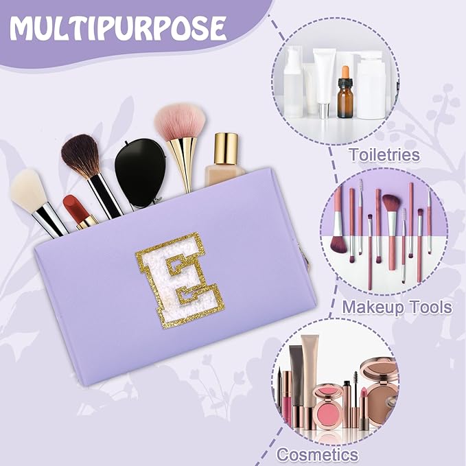 Personalized Chenille Letter Preppy Makeup Bag, Small Purple Initial Cosmetic Organizer Toiletry Zipper Pouch Monogram Make Up Storage, Waterproof PU Make Up Case Travel Essentials for Women(Letter E)