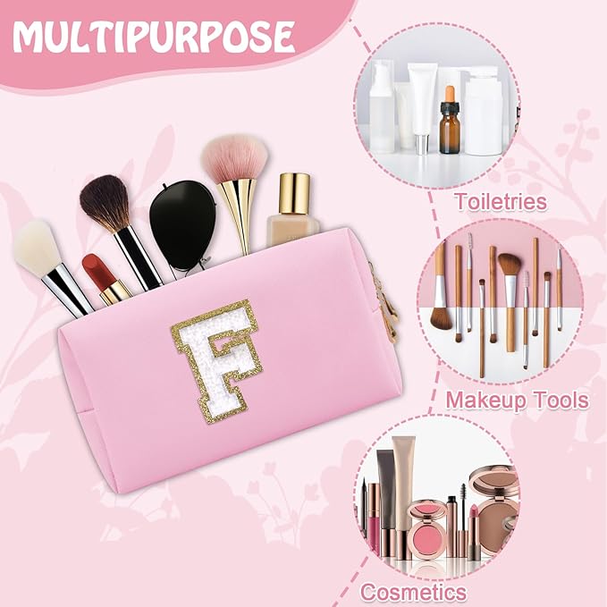 Small Initial Preppy Makeup Bag, Personalized Travel Cosmetic Organizer Chenille Letter Pink Toiletry Zipper Pouch, Portable Waterproof Make Up Case Friendship Gifts for Families Friends(Letter F)