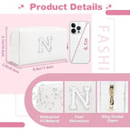 Bride Gifts – Personalized Initial Makeup Bag with Pearl Rhinestone Patch, Preppy White Monogram Cosmetic/Toiletry Pouch, bridesmaid Gifts, Bridal Shower Gifts, Wedding Gifts, Bridal Gifts,N