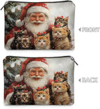 COEQINE Makeup Bag For Purse Leather Cute Cat Red Santa Designer Mini Cosmetic Bag Leather Organizer Pouch with Zipper Toiletry Travel Bag for Women for Holiday Birthday Christmas Gifts