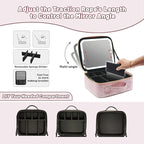 Travel Makeup Bag with LED Mirror – 3 Brightness Modes, Portable Lighted Makeup Case with Adjustable Dividers, Cosmetic Organizer Gift for Women (Pink)