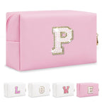 Small Personalized Initial A-Z Patch Makeup Bag,Pink Cute PU Leather Glitter Letter Cosmetic Bag for Teen Girls,Travel Toiletry Bag with Zipper,Preppy Monogrammed Birthday Gift for Daughter Niece P