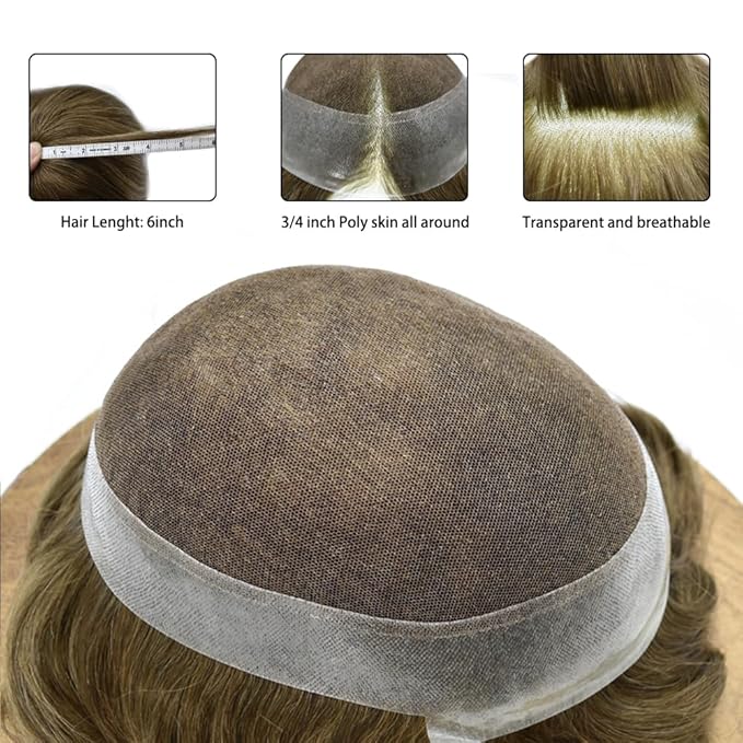 FACE MIRACLE Hair System for Men French Lace Mens Toupee Human Hair Replacement System Lace with PU Toupee for Men Male Hair Piece Wigs 7"X9" 7# VERY LIGHT BROWN