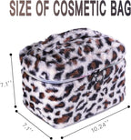 Plush Travel Makeup Bag Toiletry bag for Women Soft Fluffy Cosmetic Bag Portable Foldable (Beige Leopard)