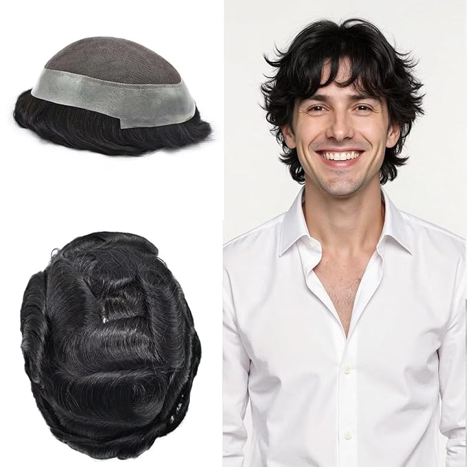 FACE MIRACLE Lace Center Mens Toupee Human Hair System French Lace Toupee for Men Thin Skin PU Around Hair Replacement System V-Looped Mens Hair Wig Units 5"X7" 1#JET BLACK