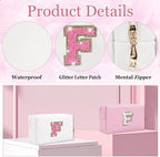 Small Personalized Glitter Initial Letter Makeup Bag, Cute PU Leather Chenille Letters Cosmetic Bag Travel Makeup Pouch, Preppy Travel Organizer Zipper Pouch for Women&Girls（WhiteRosePink-F）