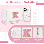 Small Personalized Initial A-Z Patch Makeup Bag,White Cute PU Leather Glitter Letter Cosmetic Bag for Teen Girls,Travel Toiletry Bag with Zipper,Preppy Monogrammed Birthday Gift for Daughter Niece K