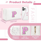 Small Initial Patch Makeup Bag Personalized Gifts Make Up Bag,White Cute PU Leather Glitter Letter Cosmetic Bag with Zipper,Trendy Portable Travel Toiletry Pouch,Preppy Stuff for Teen Girls Women P