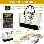 45th Birthday Gifts for Women Canvas Tote Bag Travel Gear,Unique 45 Years Old Gifts for Wife Mom Sister Aunt Friends Her, Vintage N°45 Handbag & Cosmetic Bag & Back in 1980 Poster