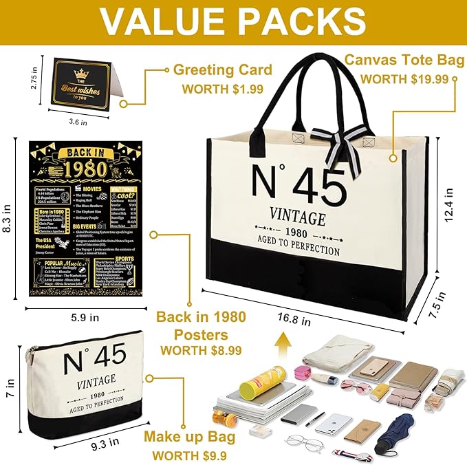 45th Birthday Gifts for Women Canvas Tote Bag Travel Gear,Unique 45 Years Old Gifts for Wife Mom Sister Aunt Friends Her, Vintage N°45 Handbag & Cosmetic Bag & Back in 1980 Poster