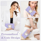 Personalized Makeup Bag Initial A-Z Preppy Patch Bag,Small PU Leather Travel Cosmetic Bag Pouch with Zipper,Purple Cute Toiletry Bag,Gift Ideal for Teen Girls Women Birthday Friend Mom,Latter W