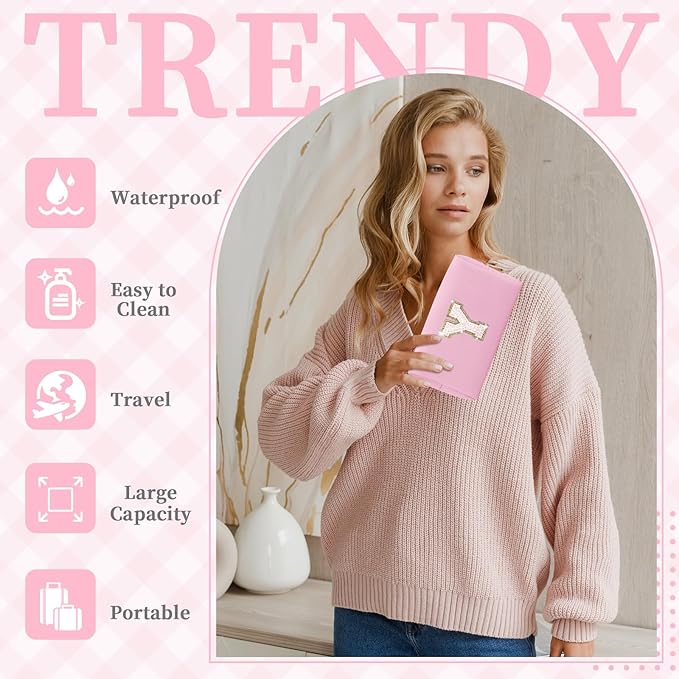 Small Personalized Initial A-Z Patch Makeup Bag,Pink Cute PU Leather Glitter Letter Cosmetic Bag for Teen Girls,Travel Toiletry Bag with Zipper,Preppy Monogrammed Birthday Gift for Daughter Niece Y