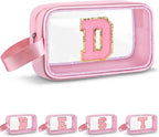 Initial Makeup Bag,Letter D Cute Clear Monogrammed Cosmetic Travel Bag for Womens Girls,Personalized Pink Aesthetic Traveling Make Up Organizer Bag for Beach,Waterproof Toiletry Bag