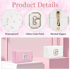 Small Personalized Glitter Initial Letter Makeup Bag, Cute PU Leather Chenille Letters Cosmetic Bag Travel Makeup Pouch, Preppy Travel Organizer Zipper Pouch for Women&Girls（White-G）