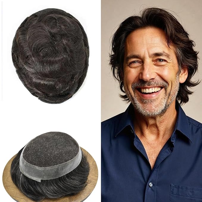 FACE MIRACLE Hair System for Men French Lace Mens Toupee Human Hair Replacement System Lace with PU Toupee for Men Male Hair Piece Wigs 7"X9" #2 Darkest Brown