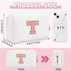 Personalized Small Travel Preppy Makeup Bag, Chenille Letter White Cute Makeup Bag Initial Cosmetic Pouch Toiletry Organizer, PU Leather Waterproof Makeup Storage Gifts for Teacher Women(Letter T)