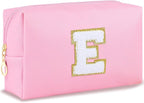 Initial Makeup Bag for Women Travel Small Cosmetic Bag Cute Pink Personalized Preppy Makeup Pouch for Purse Zippered Toiletry Organizer PU Leather Makeup Bag Makeup Case for Christmas（E）