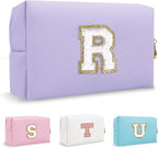 Small Travel Initial Preppy Makeup Bag, Personalized Purple Cute Chenille Letter Cosmetic Organizer Travel Toiltery Zipper Pouch Purse, Monogram Makeup Storage Gift for Friend Birthday Women(Letter R)