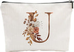 A-Z Boho Personalized Cosmetic Bag-Floral Cotton Letter Makeup Bag With Zipper-Artistic Cosmetic Bag For Travel-Bride,Birthday Gift For Women Daughter Friends-Women Makeup Organizer-A21