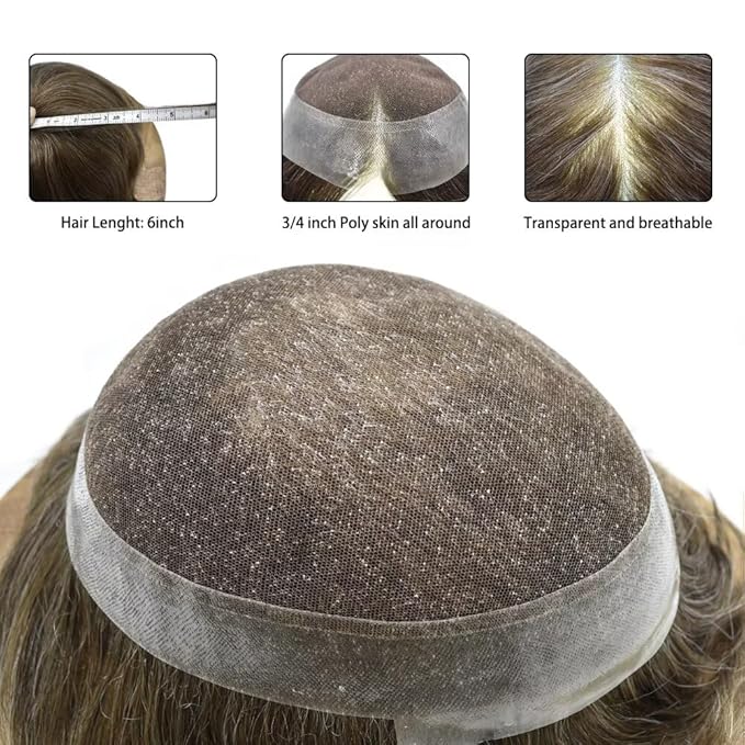 Toupee for Men French Lace Human Hair Replacement Systems Lace Center with Poly Around Hair Piece Mens Toupee Hair Units for Man V-Looped Front Male Hair Units 6"X8" #530