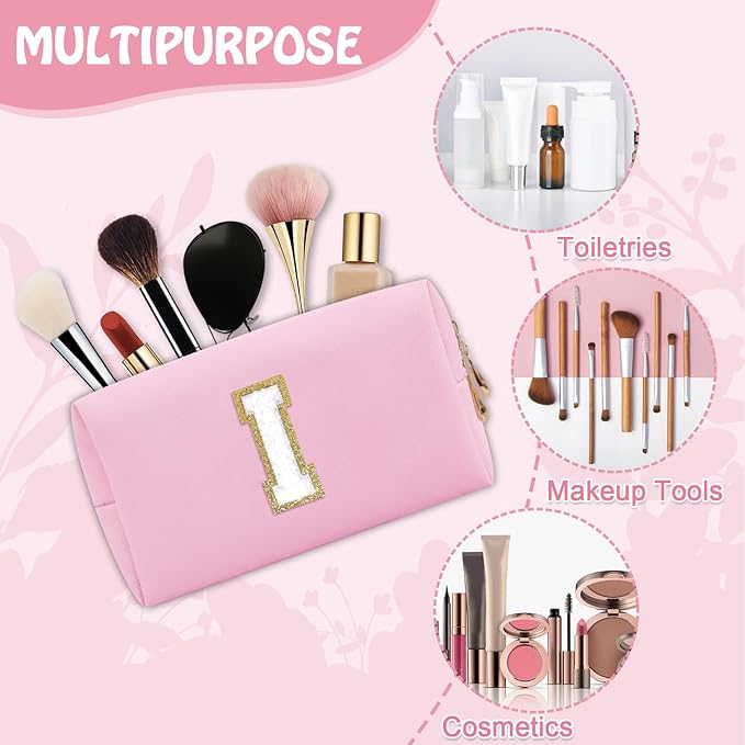 Personalized Small Travel Preppy Makeup Bag, Initial Cute Pink Chenille Letter Cosmetic Organizer Toiletry Pouch, Waterproof Portable PU Monogram Make Up Bag Case Gift for Women Friends Her(Letter I)