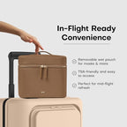Vanity Cosmetic Case - Stylish Travel Makeup Bag for Women with Removable Wet Pouch, Upright Bottle Design, Clear Top Pocket, Leather Handle, Travel Essentials, Toiletry Organizer - Light Brown