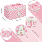 OCHEAL Makeup Bag for Women, Monogram Cosmetic Bag with Brush Holder, Pink Travel Makeup Case Beauty Toiletry Bag Organizer Personalized Gifts for Girls Teens Bridesmaid Sister Wife Friends Initial A