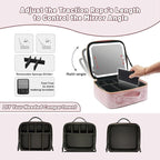 Portable Travel Cosmetic Bag with LED, 3-color Adjustable Cosmetic Organizer, Women's Cosmetic Case, Mirror Makeup Bag Case Rechargeable (Pink)