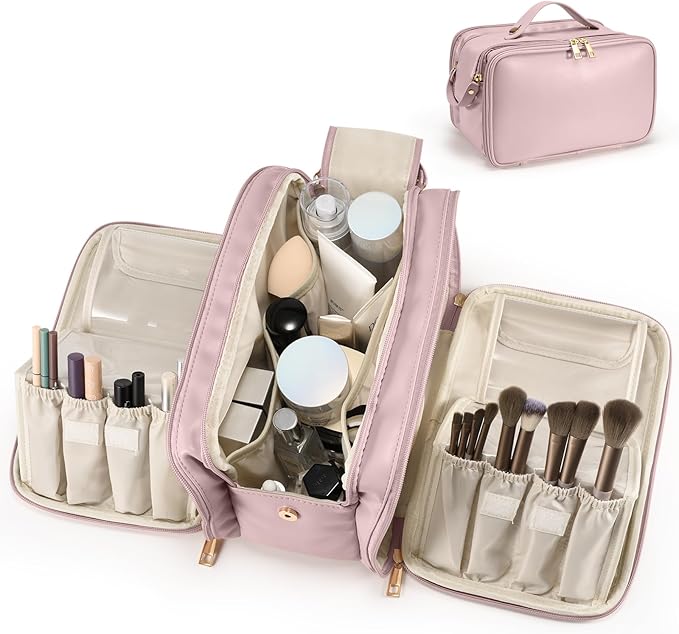 Travel Makeup Bag Women's Large Capacity Cosmetic Portable Organizer Large Opening Waterproof Storage Toiletry Bags Vertical Free-Standing Brush Holder for Easy Access Pink