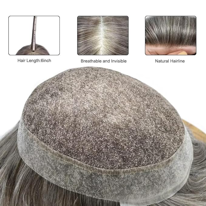 FACE MIRACLE Hair System for Men French Lace Mens Toupee Human Hair Replacement System Lace with PU Toupee for Men Male Hair Piece Wigs 6"X9" #365 Dark Brown with 65% Gray