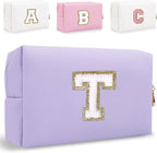 Small Personalized Letter Makeup Bag, Cute PU Leather Chenille Letters Cosmetic Bag Travel Makeup Pouch, Preppy Travel Organizer Zipper Pouch for Women&Girls（Purple-T）