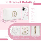 Small Initial Patch Makeup Bag Personalized Gifts Make Up Bag,White Cute PU Leather Glitter Letter Cosmetic Bag with Zipper,Trendy Portable Travel Toiletry Pouch,Preppy Stuff for Teen Girls Women B