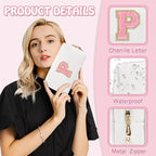 Personalized Initial Preppy Makeup Bag Organizer, White Small Travel Cosmetic Bag Monogram Toiletry Zipper Pouch for Women, PU Leather Waterproof Makeup Case Proposal Gift for Brides Female(Letter P)