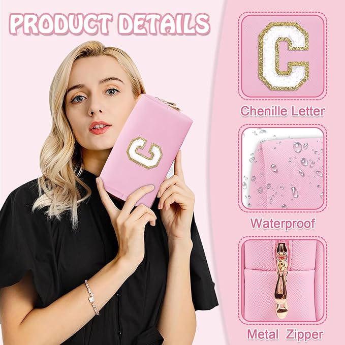 Personalized Initial Preppy Makeup Bag, Small Cute Pink Toiletry Pouch Monogram Cosmetic Travel Organizer with Zipper, PU Waterproof Glitter Make Up Bags Gift for Female Coworker Friends(Letter C)