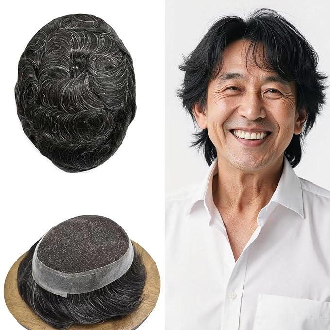 FACE MIRACLE Toupee for Men French Lace Hairpiece Human Hair Replacement System Skin PU Mens Toupee V-Looped Front Hair Piece 6"X8" #1B10 1B# OFF BLACK WITH 10% SYNTHETIC GREY-80% Light Density