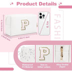 Small Initial Patch Makeup Bag Personalized Gifts Make Up Bag,White Cute PU Leather Glitter Letter Cosmetic Bag with Zipper,Trendy Portable Travel Toiletry Pouch,Preppy Stuff for Teen Girls Women P