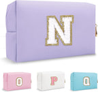 Chenille Letter Personalized Initial Preppy Makeup Bag, Small Cute Purple Cosmetic Zipper Pouch Travel Toiletry Bags, Waterproof PU Monogram Make Up Organizer Gifts for Nurse Nieces Teacher(Letter N)