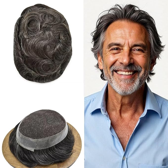 FACE MIRACLE Toupee for Men French Lace Cnter Mens Toupee Human Hair Replacement System Skin PU Hairpiece for Man V-Looped Front Hair Prosthesis 6"X8" #230 2# DARKEST BROWN WITH 30% SYNTHETIC GREY