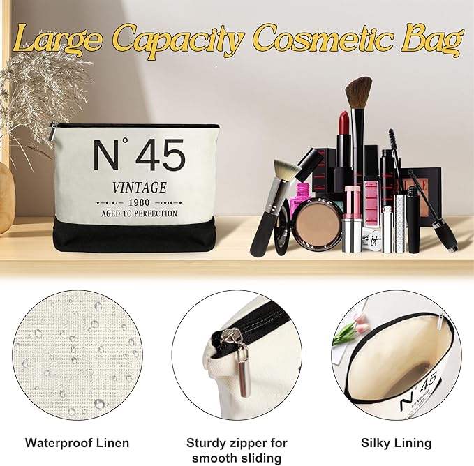 45th Birthday Gifts for Women Canvas Tote Bag Travel Gear,Unique 45 Years Old Gifts for Wife Mom Sister Aunt Friends Her, Vintage N°45 Handbag & Cosmetic Bag & Back in 1980 Poster