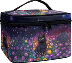 Black Cat Colorful Daisy Flower Print Travel Makeup Bags for Women Portable Tote Cosmetic Case with Carry Handle Toiletry Accessories Storage Organizer Bags