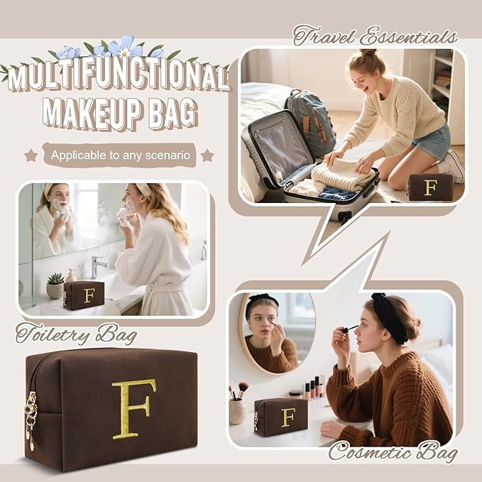 Personalized Initial Makeup Bag,Preppy Suede Cosmetic Bag for Teen Girls,Small Monogram Travel Toiletry Bag With Gold Embroidered Letter,Trendy Stuff Custom Christmas Gift for Women(Coffee-F)