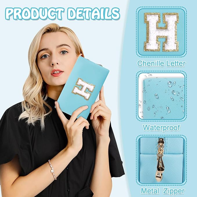 Personalized Chenille Letter Preppy Makeup Bag, Small Initial Blue Cosmetic Bag Travel Toiletry Zipper Pouch Monogram Makeup Storage, Waterproof PU Make Up Case Travel Essentials for Women(Letter H)