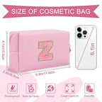 Personalized Initial A-Z Preppy Patch Makeup Bag,Small PU Leather Chenille Letter Cosmetic Bag with Zipper for Teen Girls,Pink Cute Travel Toiletry Bag,Birthday Monogrammed Gift for Daughter,Letter Z