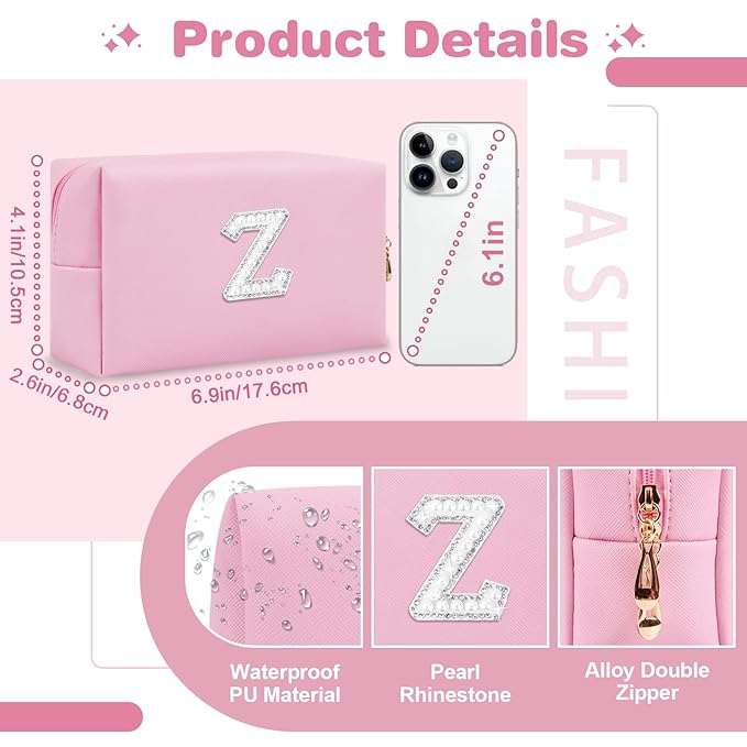 ChaoGreat Bride Gifts – Personalized Initial Makeup Bag with Pearl Rhinestone Patch, Preppy Pink Monogram Cosmetic/Toiletry Pouch, bridesmaid Gifts, Bridal Shower Gifts, Wedding Gifts, Bridal Gifts,Z
